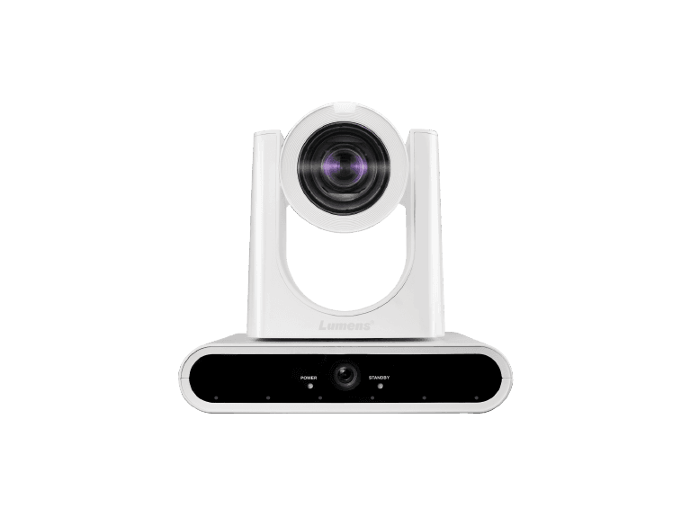 Lumens VC-TR60A dual-lens PTZ camera in white — front view of the zoom head above the panoramic camera bar