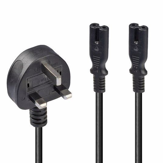 Lindy 2.5m UK 3 Pin Plug to 2 x IEC C7 Splitter Extension Cable, Black - TopAV